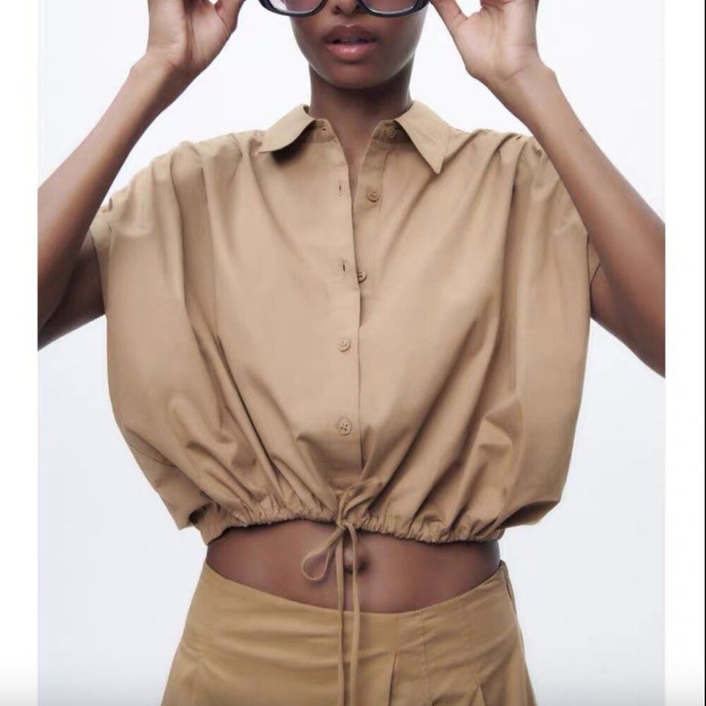 Zara -  Camel Sleeveless Cropped Tie Waist Buttondown - NWT- S